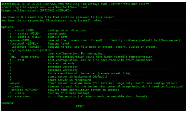 Panel de ayuda del comando sudo fail2ban-client mostrando los parámetros disponibles