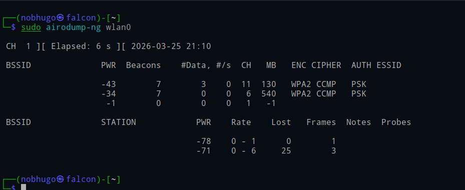 Resultado de airodump-ng mostrando redes WiFi cercanas con sus BSSID, canal, cifrado y estaciones conectadas