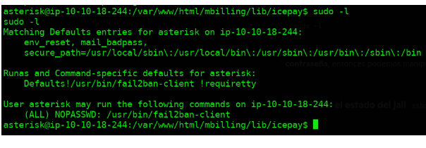 Resultado del comando sudo -l mostrando que fail2ban-client puede ejecutarse como root sin contraseña con cualquier usuario