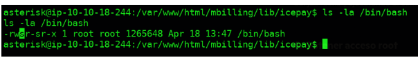 Resultado de ls -la /bin/bash mostrando el bit SUID activo después del banip
