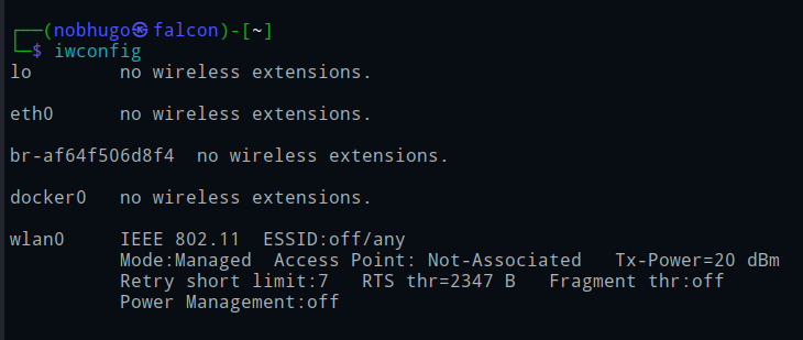 Resultado del comando iwconfig mostrando la interfaz wlan0 en modo managed