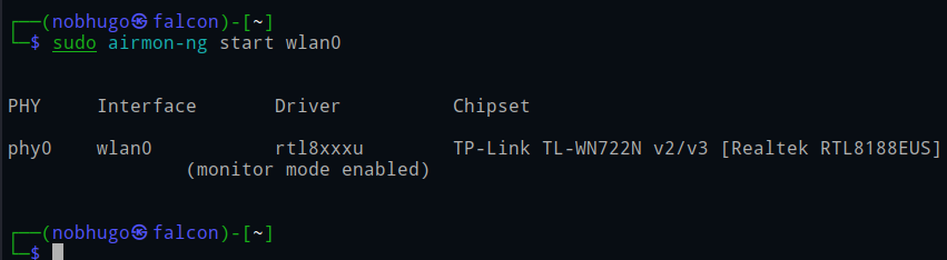 Ejecución de airmon-ng start wlan0 activando el modo monitor en la interfaz